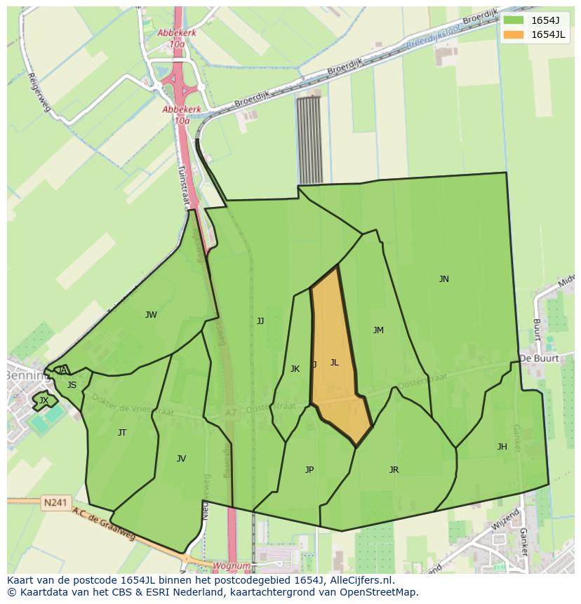 Afbeelding van het postcodegebied 1654 JL op de kaart.