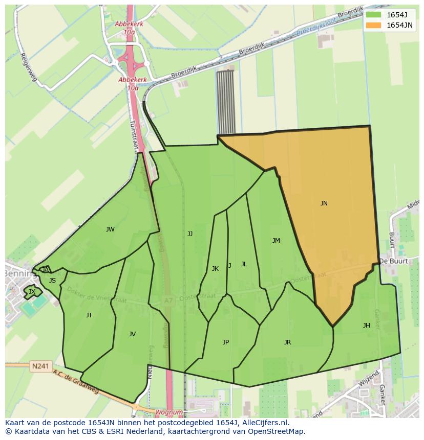 Afbeelding van het postcodegebied 1654 JN op de kaart.