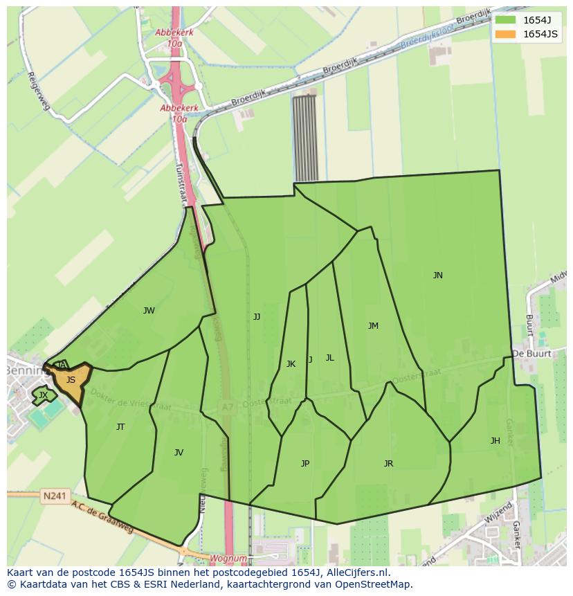 Afbeelding van het postcodegebied 1654 JS op de kaart.