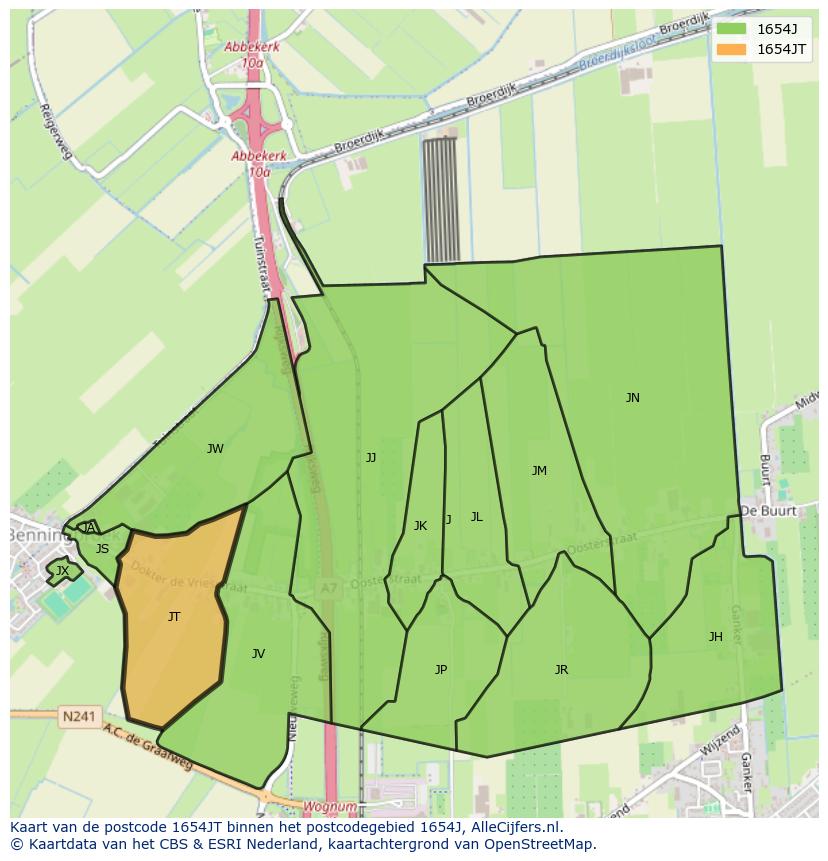 Afbeelding van het postcodegebied 1654 JT op de kaart.