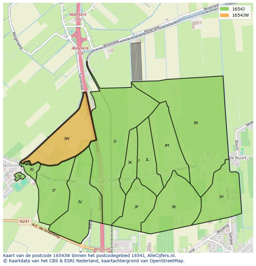 Afbeelding van het postcodegebied 1654 JW op de kaart.