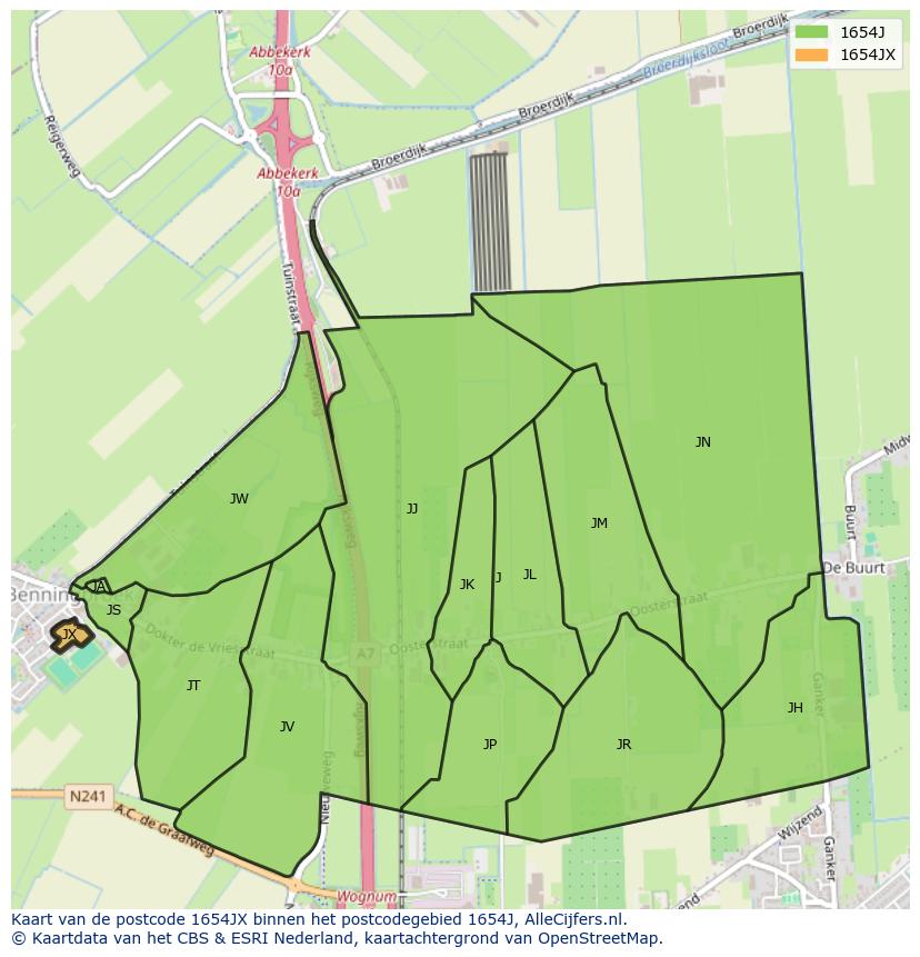 Afbeelding van het postcodegebied 1654 JX op de kaart.