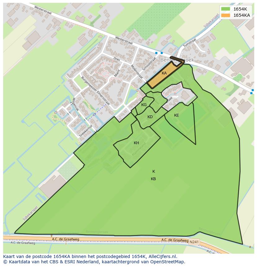 Afbeelding van het postcodegebied 1654 KA op de kaart.