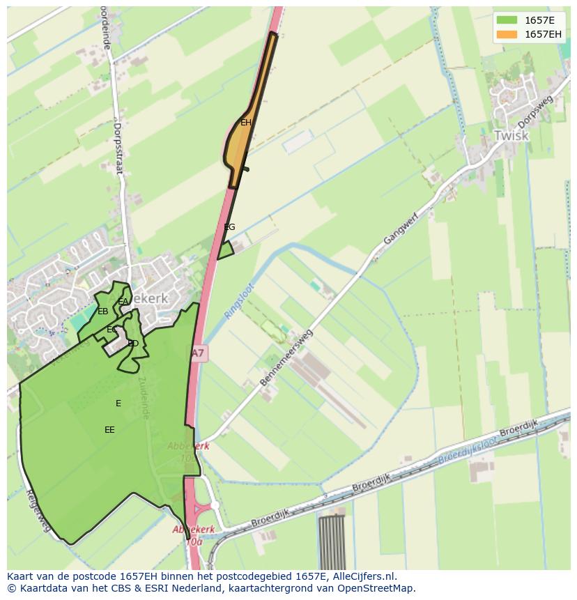 Afbeelding van het postcodegebied 1657 EH op de kaart.