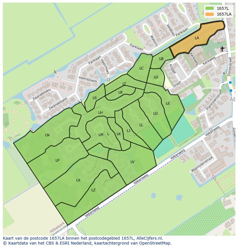 Afbeelding van het postcodegebied 1657 LA op de kaart.