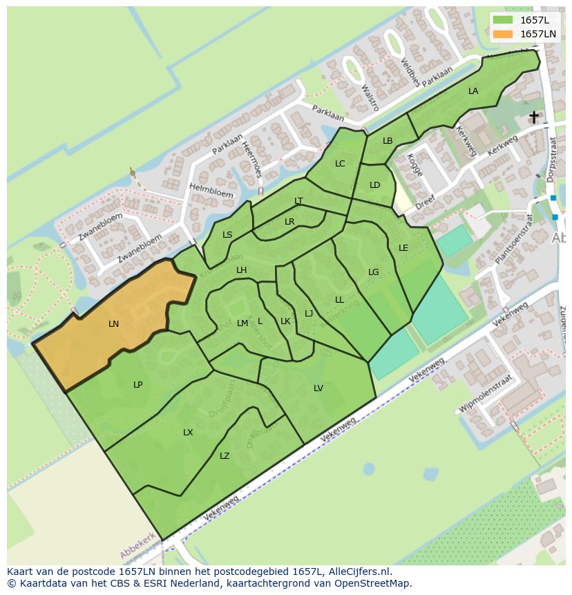 Afbeelding van het postcodegebied 1657 LN op de kaart.