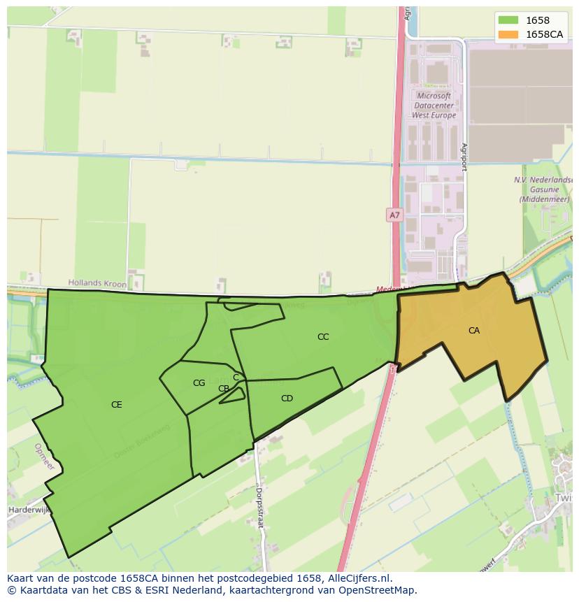 Afbeelding van het postcodegebied 1658 CA op de kaart.