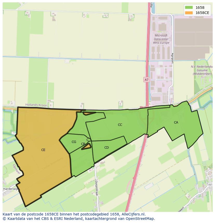 Afbeelding van het postcodegebied 1658 CE op de kaart.