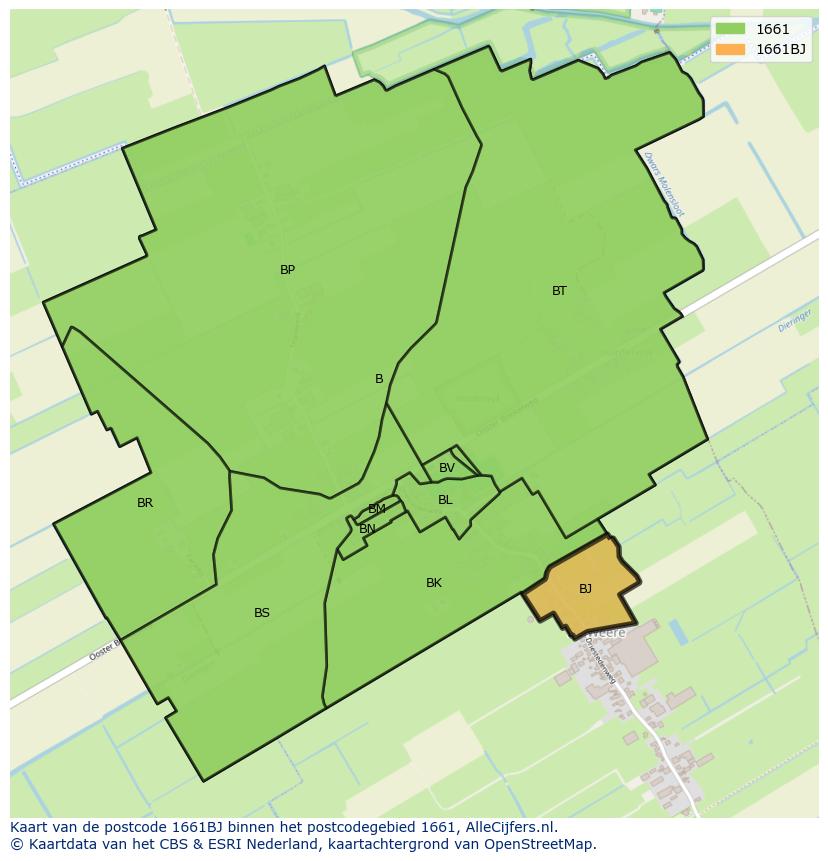 Afbeelding van het postcodegebied 1661 BJ op de kaart.