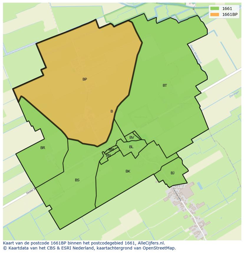 Afbeelding van het postcodegebied 1661 BP op de kaart.