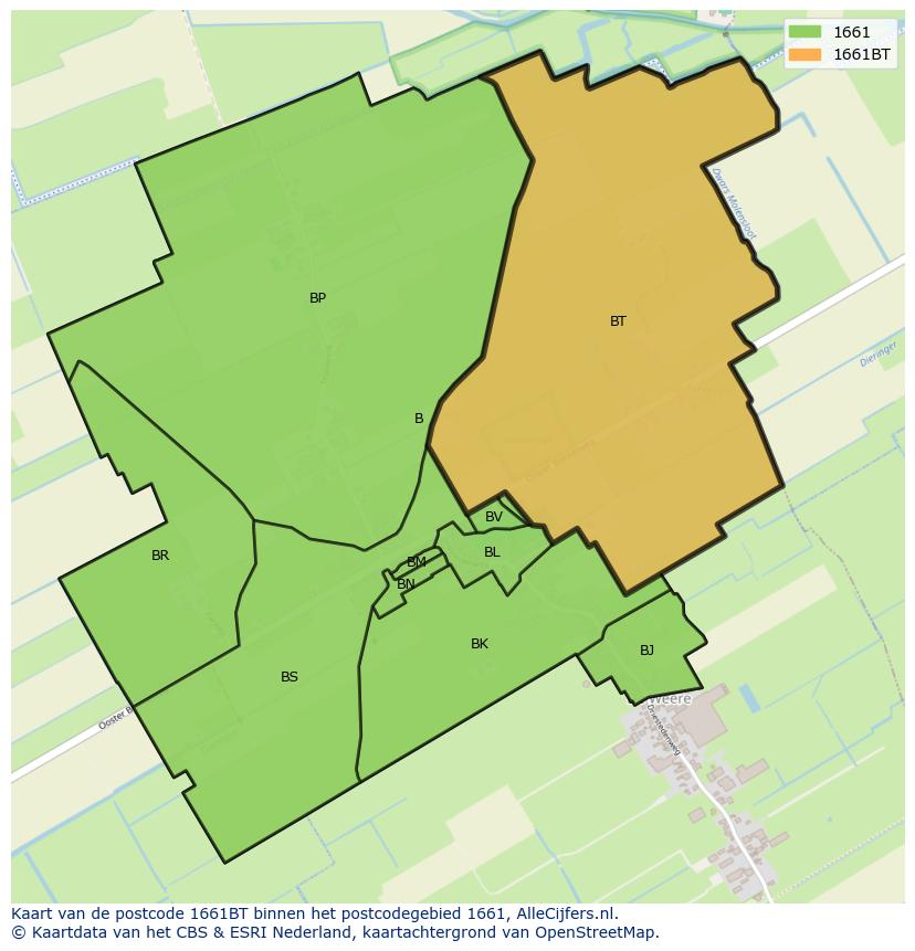 Afbeelding van het postcodegebied 1661 BT op de kaart.