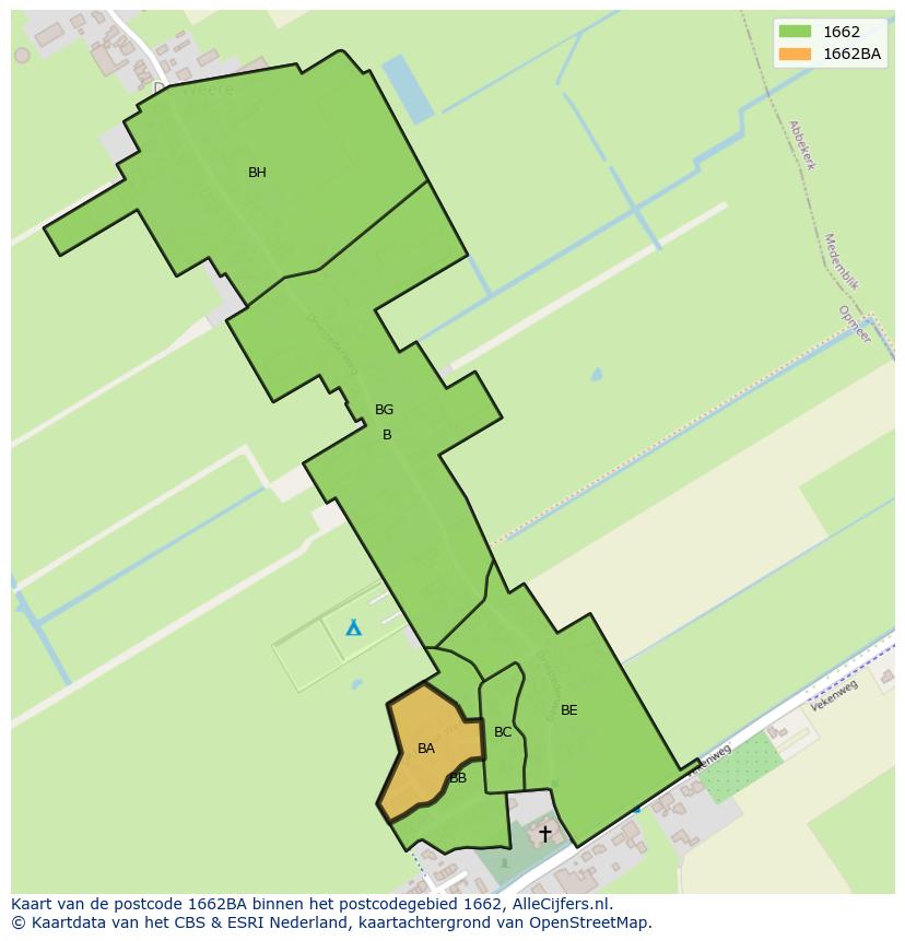 Afbeelding van het postcodegebied 1662 BA op de kaart.