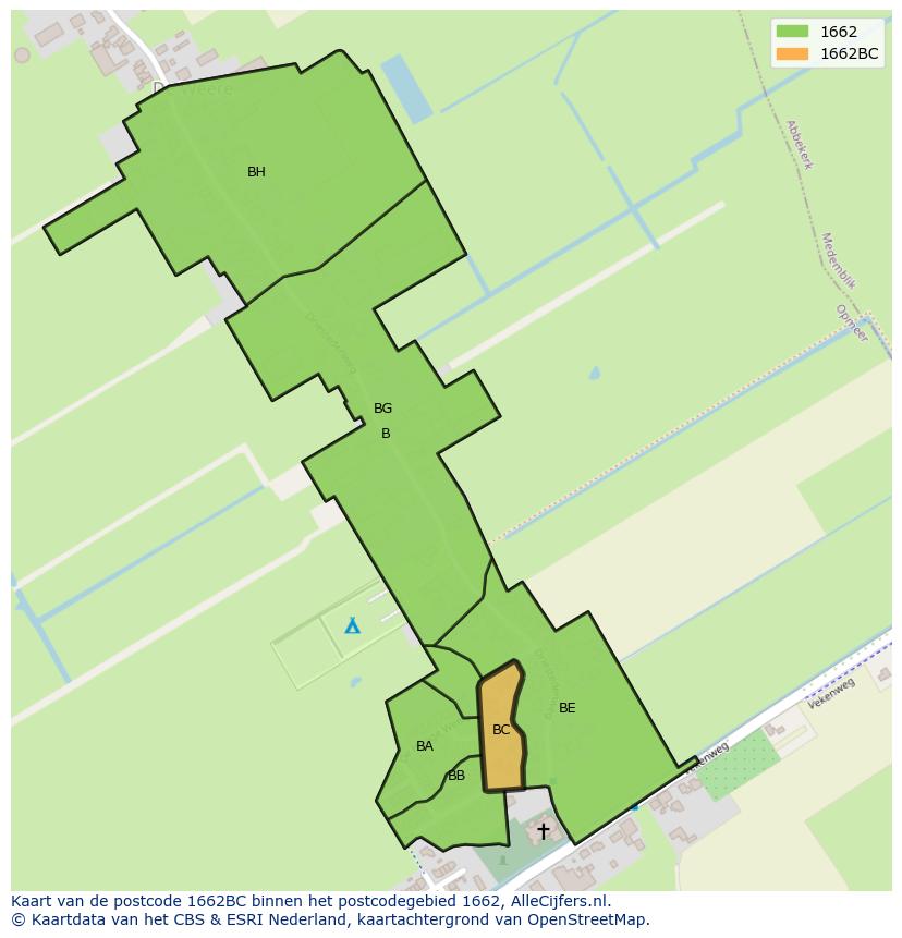 Afbeelding van het postcodegebied 1662 BC op de kaart.