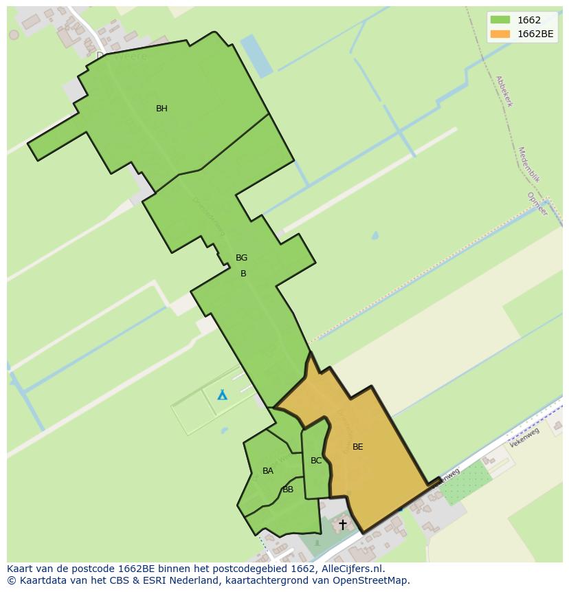 Afbeelding van het postcodegebied 1662 BE op de kaart.