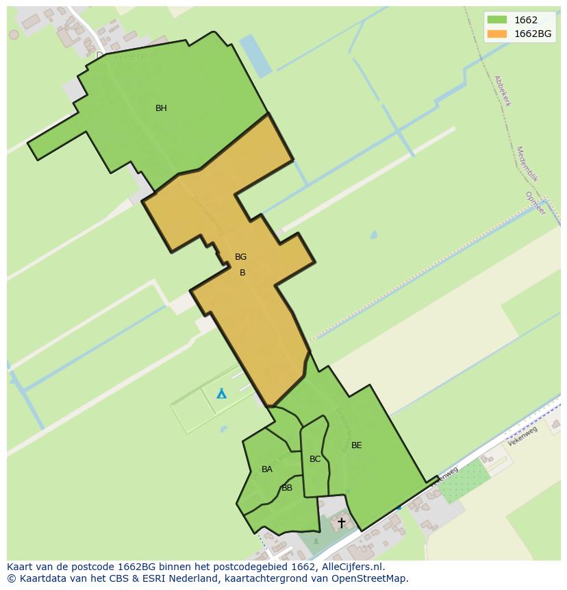 Afbeelding van het postcodegebied 1662 BG op de kaart.