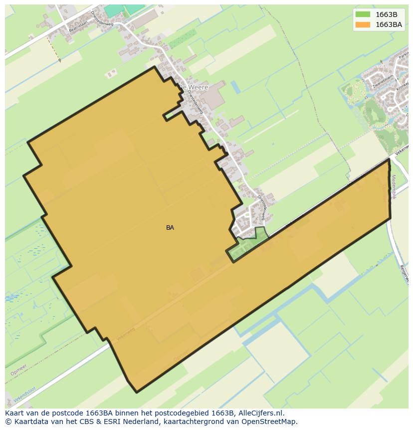 Afbeelding van het postcodegebied 1663 BA op de kaart.