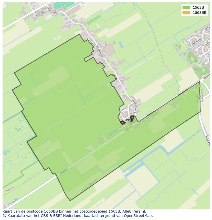 Afbeelding van het postcodegebied 1663 BB op de kaart.