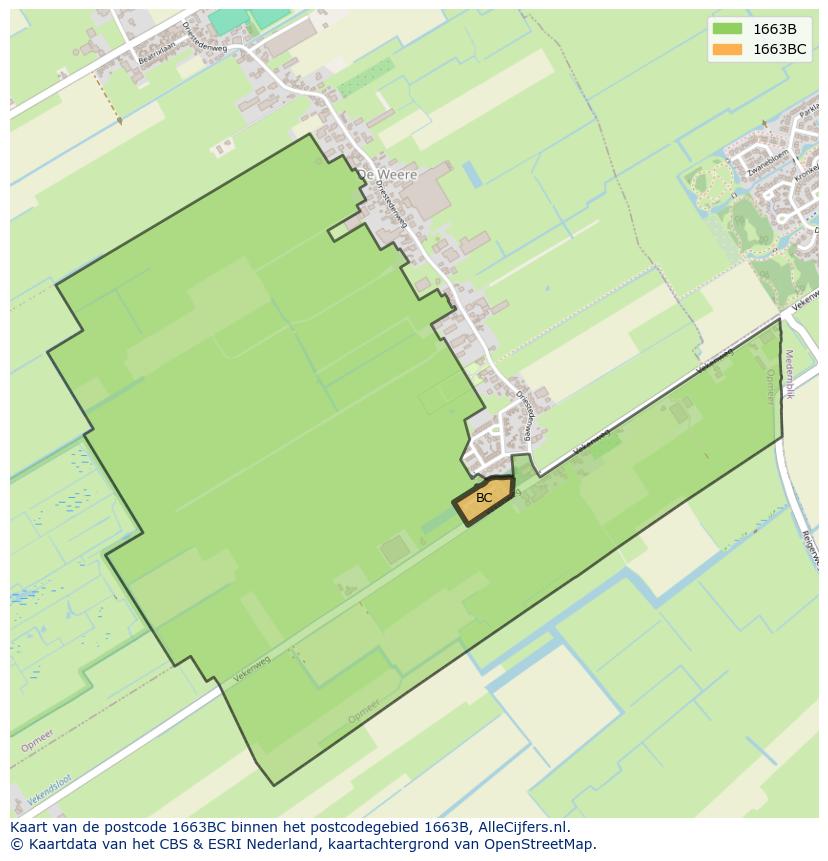 Afbeelding van het postcodegebied 1663 BC op de kaart.