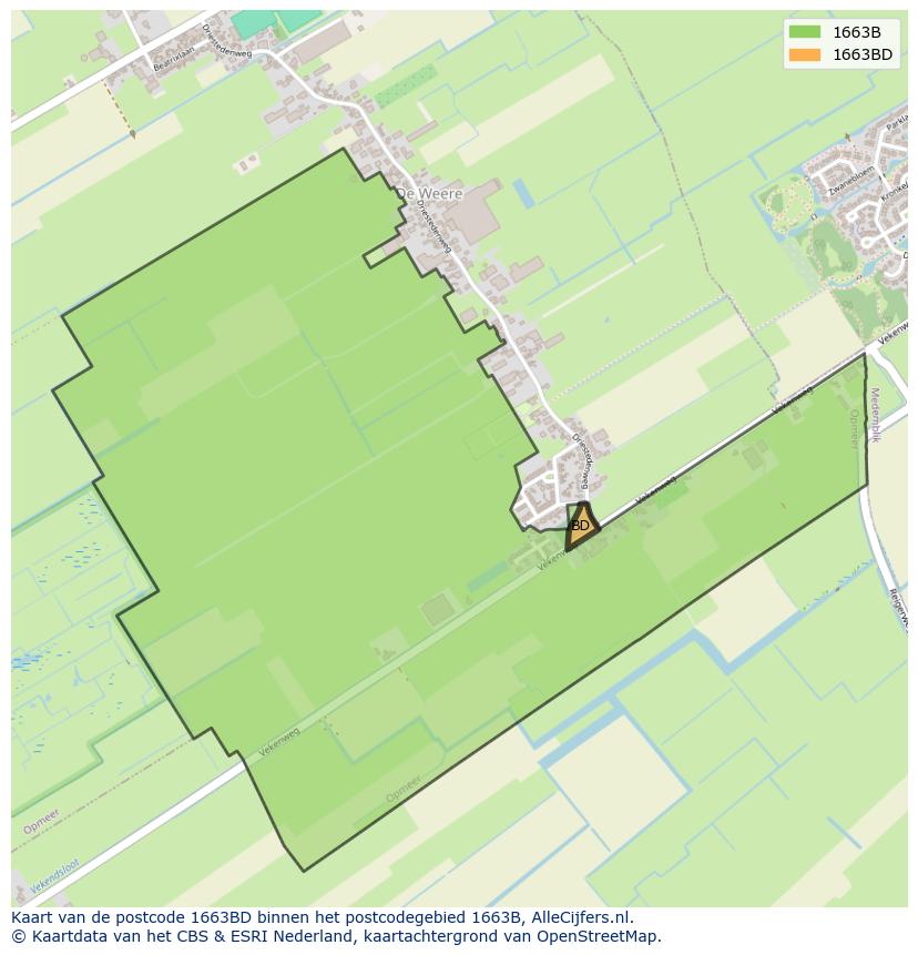 Afbeelding van het postcodegebied 1663 BD op de kaart.