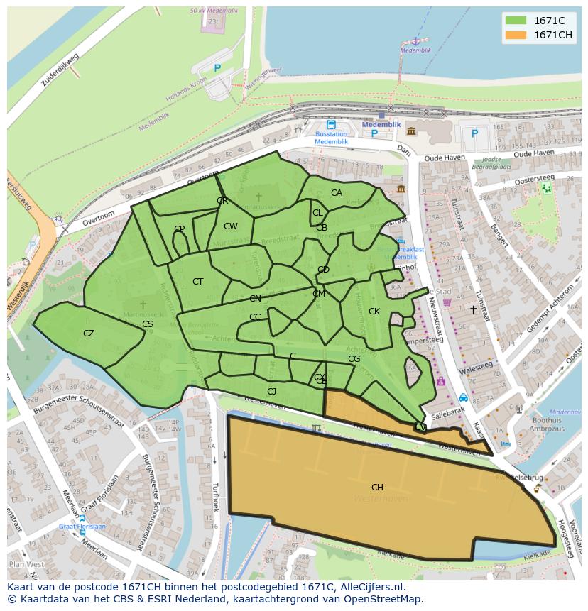 Afbeelding van het postcodegebied 1671 CH op de kaart.