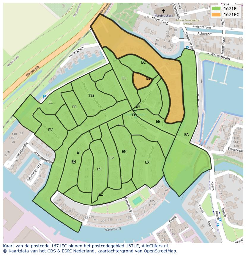Afbeelding van het postcodegebied 1671 EC op de kaart.