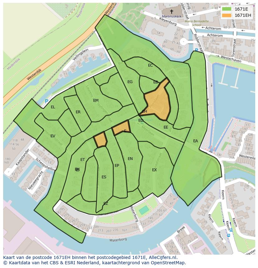 Afbeelding van het postcodegebied 1671 EH op de kaart.