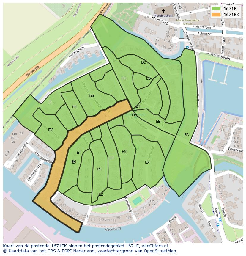 Afbeelding van het postcodegebied 1671 EK op de kaart.