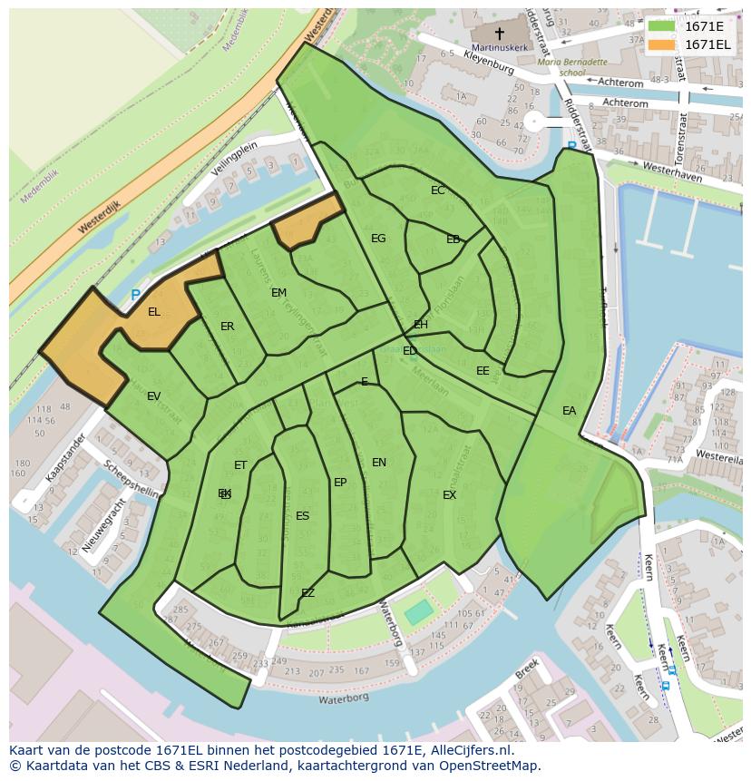 Afbeelding van het postcodegebied 1671 EL op de kaart.