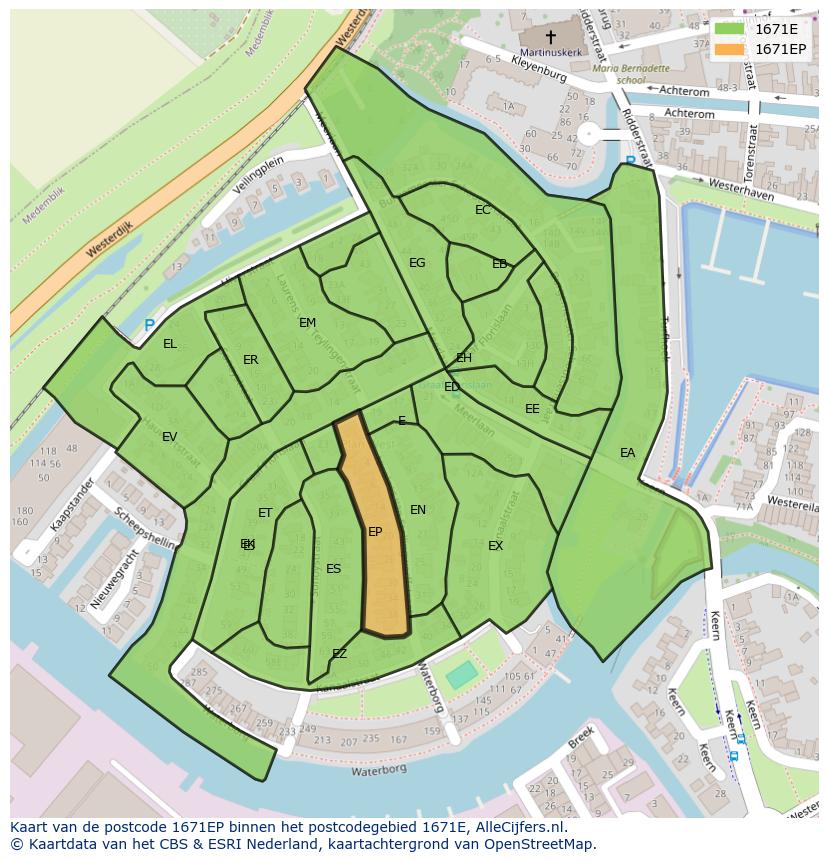 Afbeelding van het postcodegebied 1671 EP op de kaart.