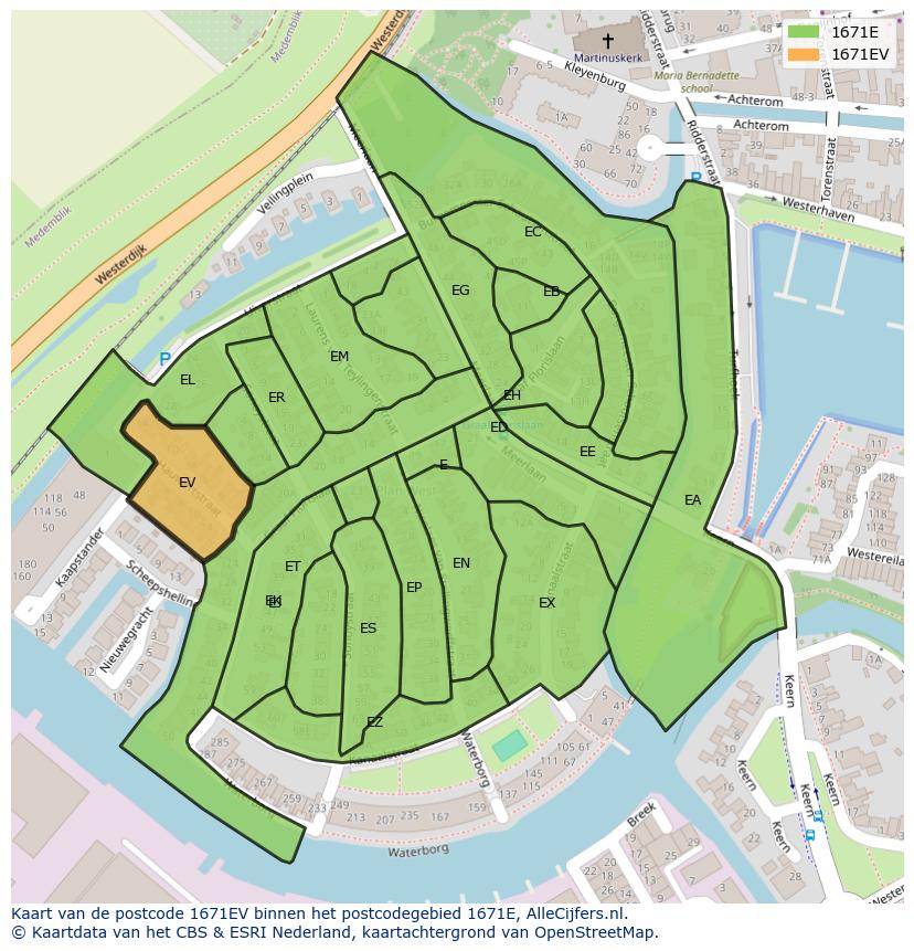 Afbeelding van het postcodegebied 1671 EV op de kaart.