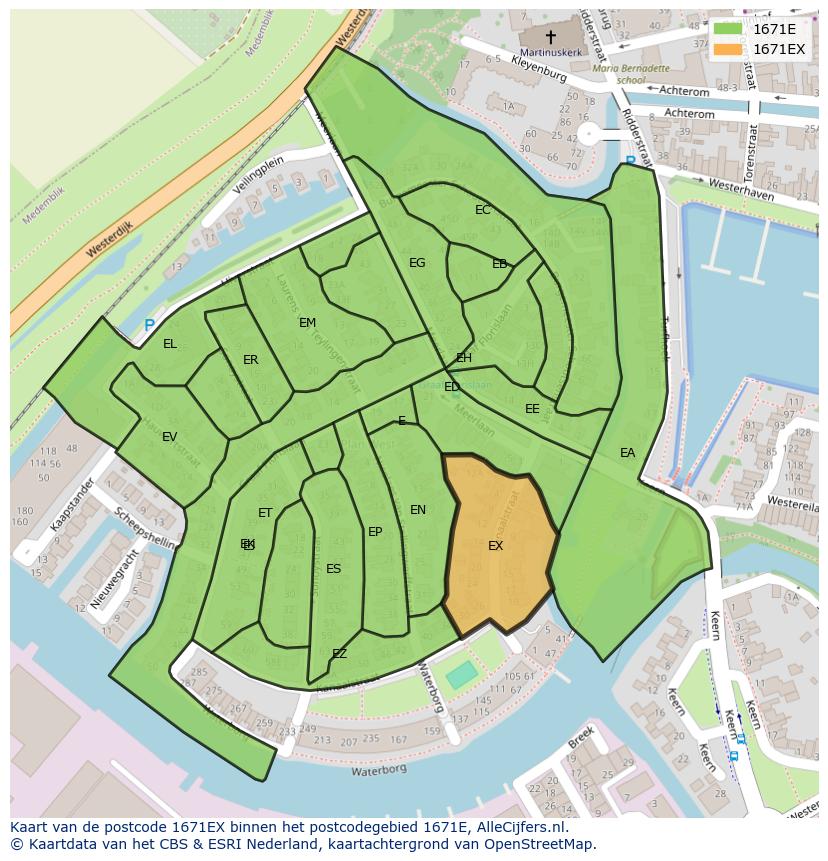 Afbeelding van het postcodegebied 1671 EX op de kaart.
