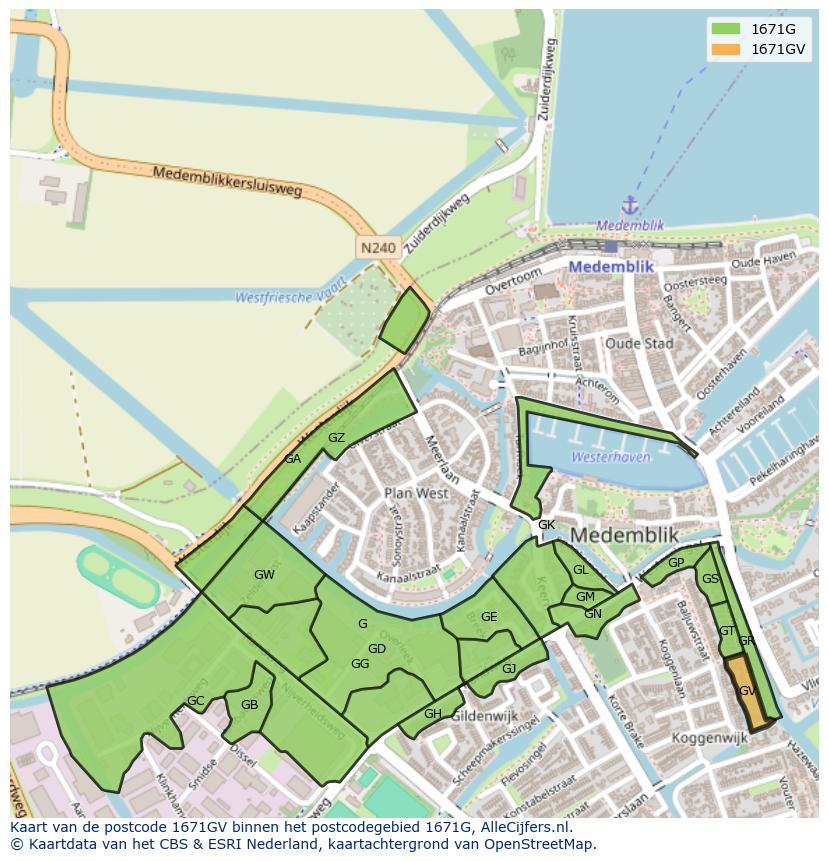 Afbeelding van het postcodegebied 1671 GV op de kaart.
