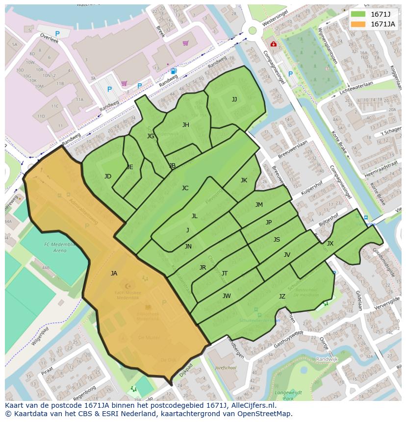 Afbeelding van het postcodegebied 1671 JA op de kaart.