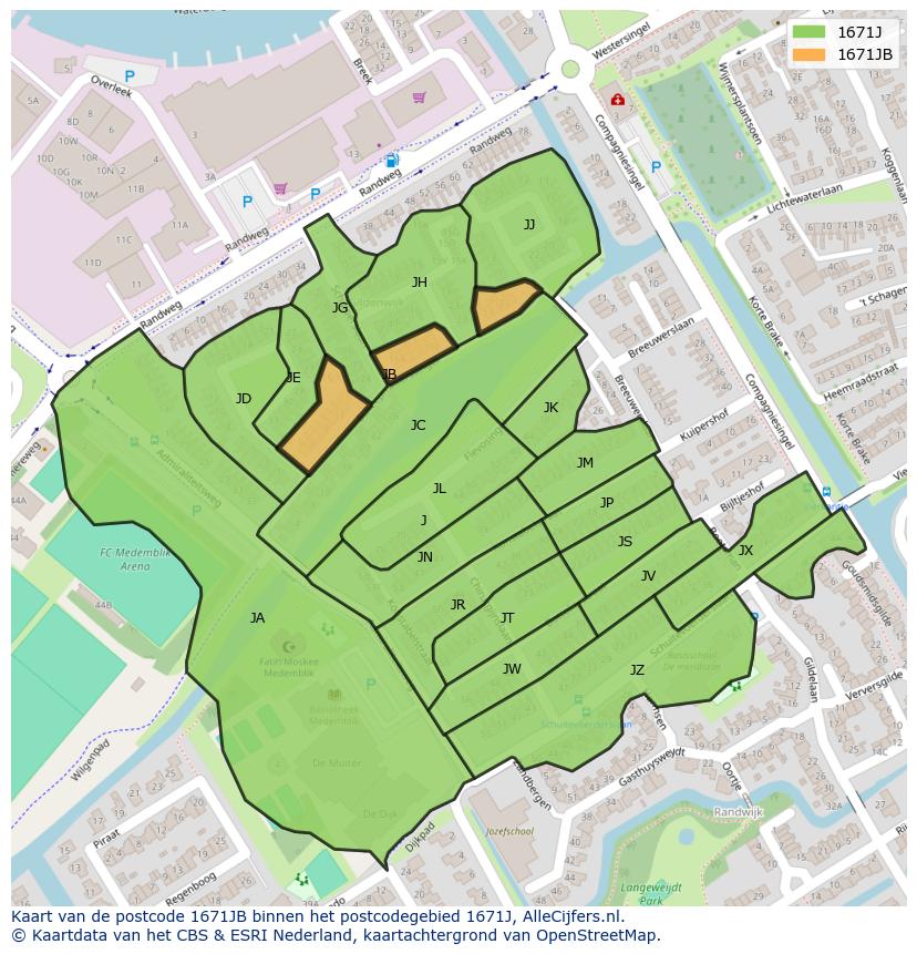 Afbeelding van het postcodegebied 1671 JB op de kaart.
