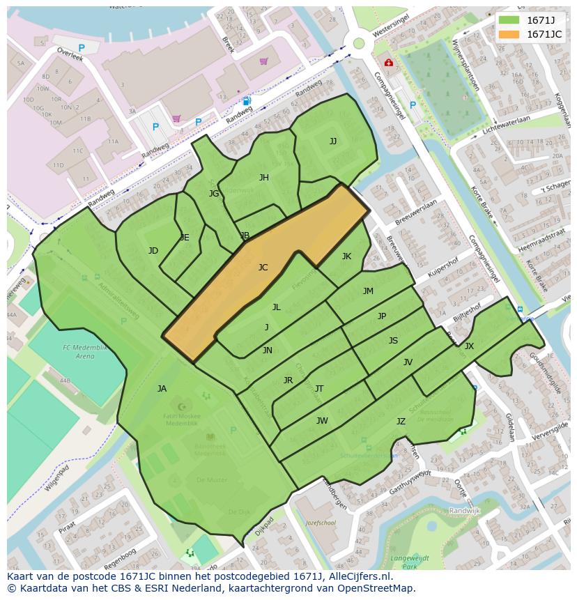 Afbeelding van het postcodegebied 1671 JC op de kaart.