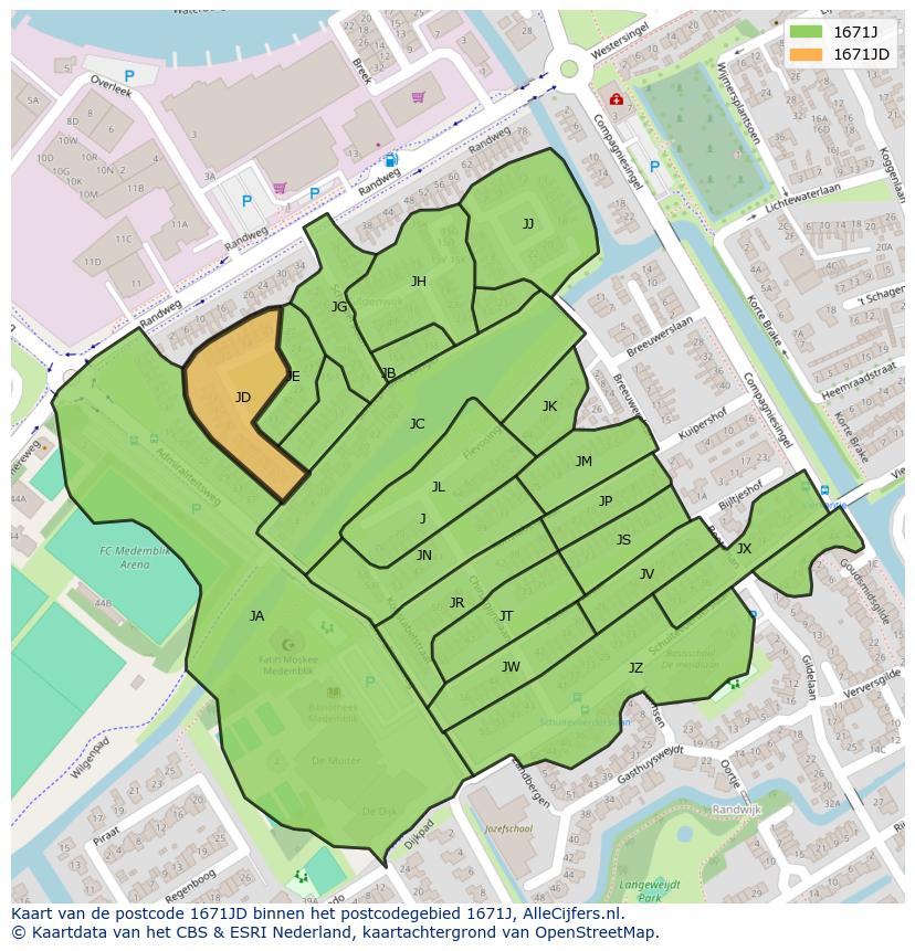 Afbeelding van het postcodegebied 1671 JD op de kaart.