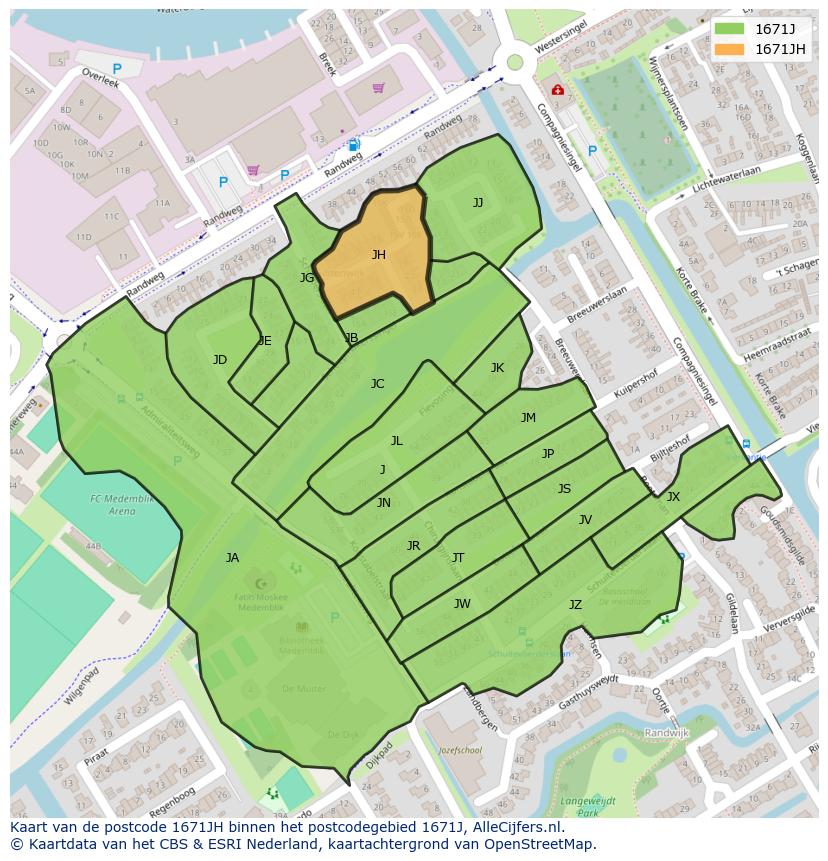 Afbeelding van het postcodegebied 1671 JH op de kaart.