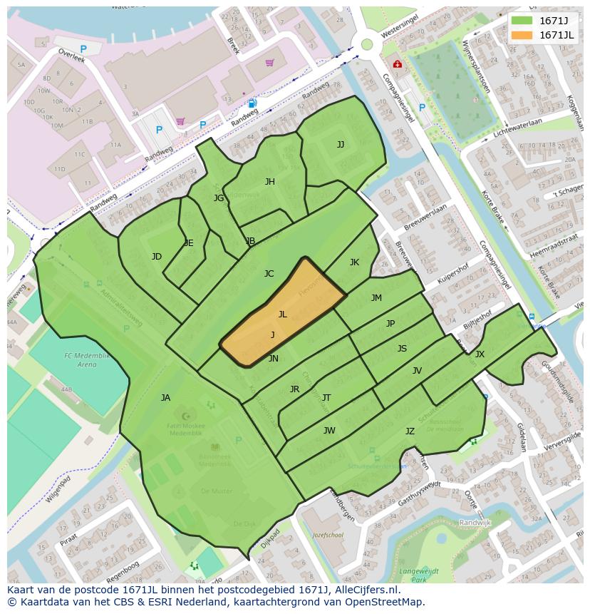Afbeelding van het postcodegebied 1671 JL op de kaart.