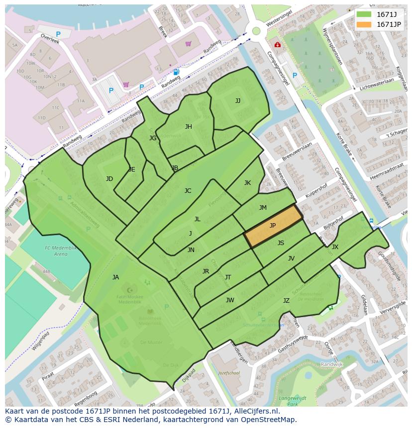 Afbeelding van het postcodegebied 1671 JP op de kaart.