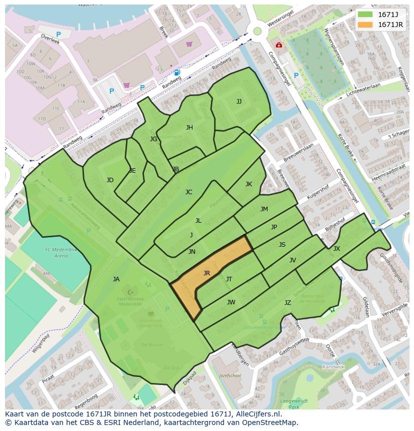 Afbeelding van het postcodegebied 1671 JR op de kaart.