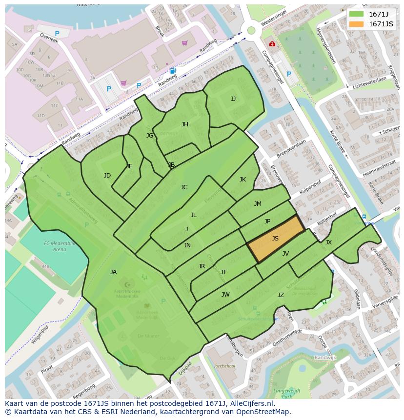 Afbeelding van het postcodegebied 1671 JS op de kaart.