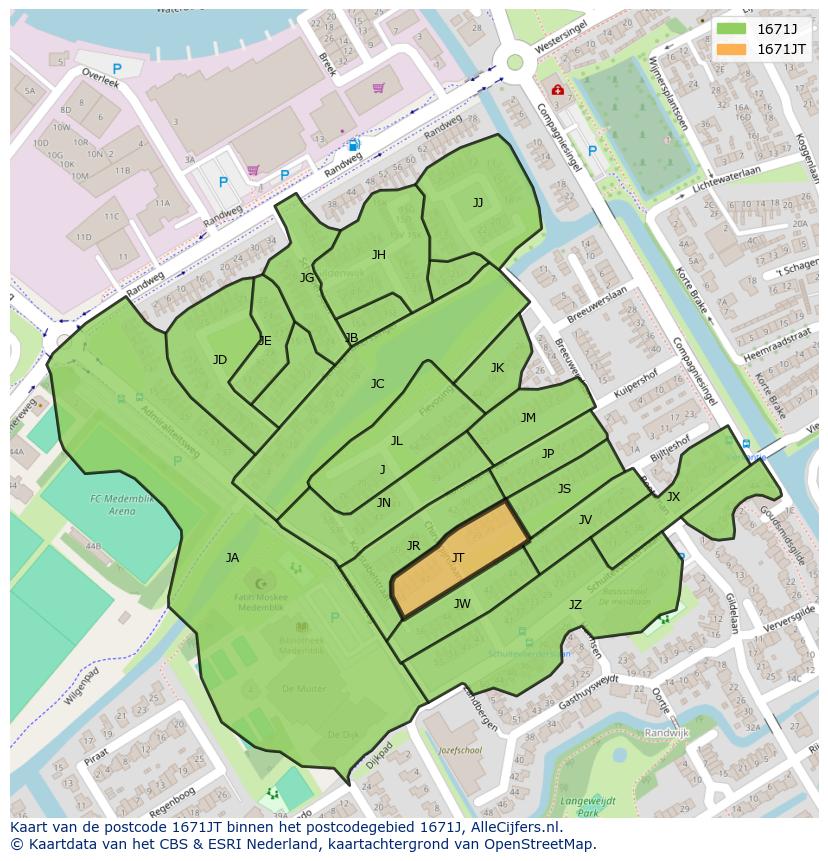 Afbeelding van het postcodegebied 1671 JT op de kaart.