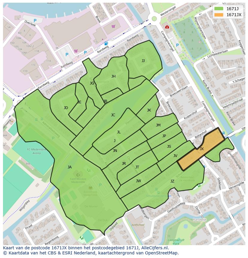 Afbeelding van het postcodegebied 1671 JX op de kaart.