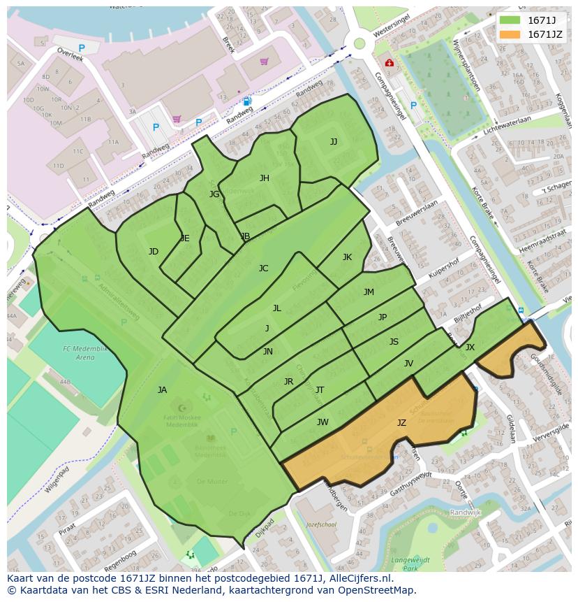 Afbeelding van het postcodegebied 1671 JZ op de kaart.