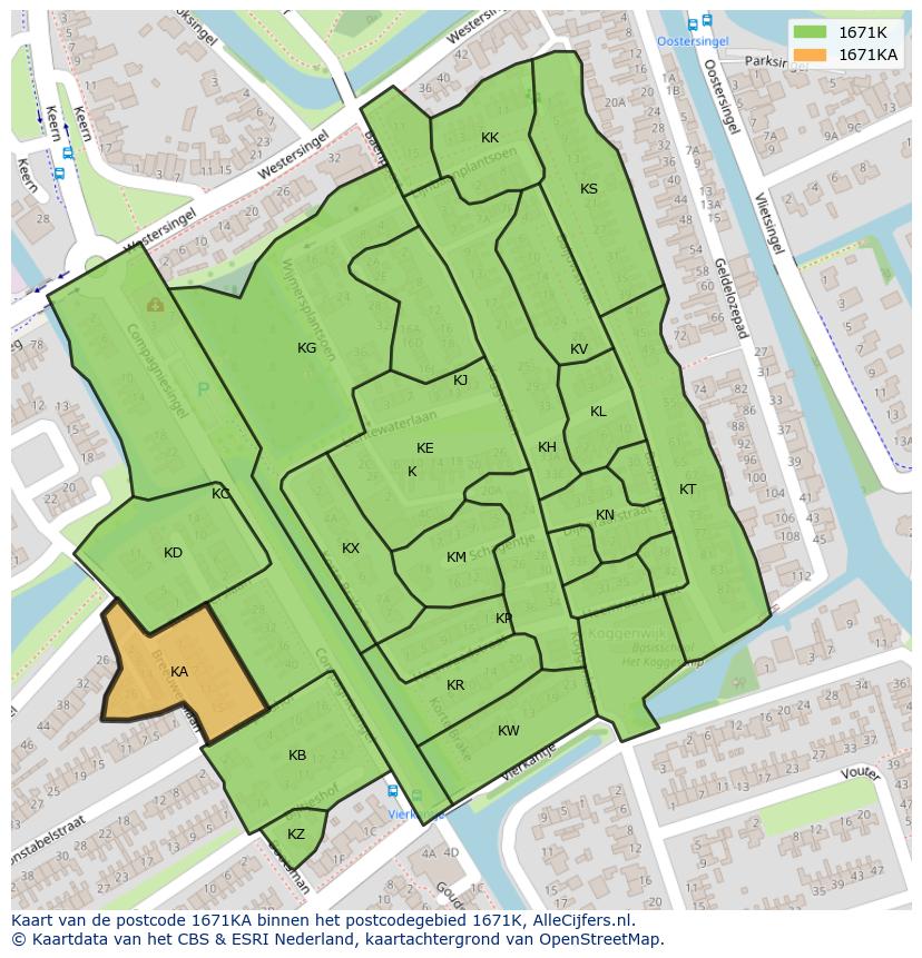 Afbeelding van het postcodegebied 1671 KA op de kaart.