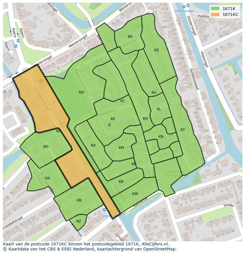 Afbeelding van het postcodegebied 1671 KC op de kaart.