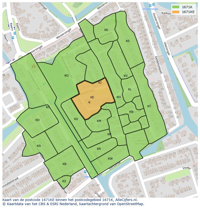 Afbeelding van het postcodegebied 1671 KE op de kaart.