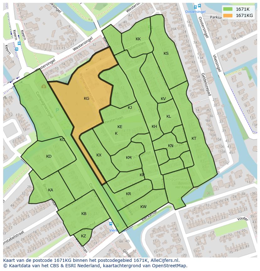 Afbeelding van het postcodegebied 1671 KG op de kaart.