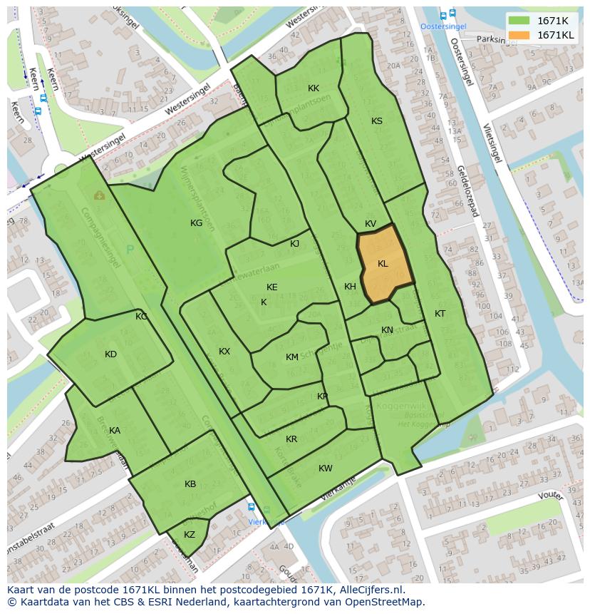 Afbeelding van het postcodegebied 1671 KL op de kaart.