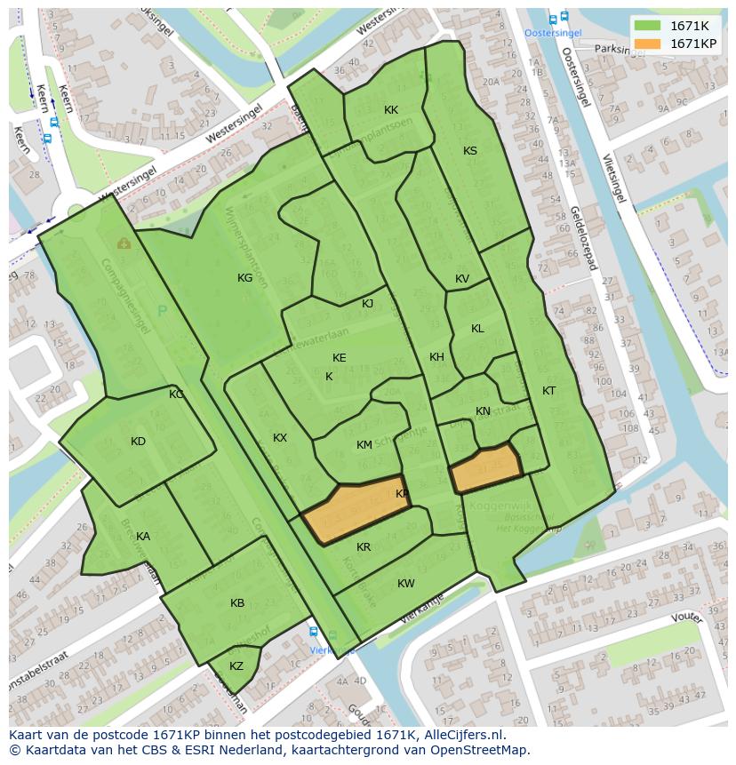 Afbeelding van het postcodegebied 1671 KP op de kaart.